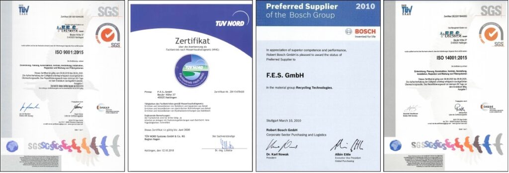 Fesfilter Zertifikate und Nachweise für unsere Filteranlagen